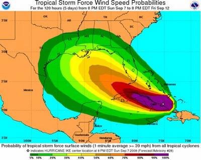Graphic shows Ike's forecast wind probabilities.