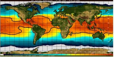 Image showing global temperatures highlighting the regions where hurricanes can form.