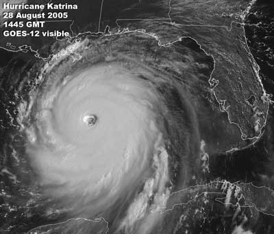 Black and white image of hurricane Katrina