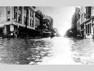Image of a city block filled waist deep with water