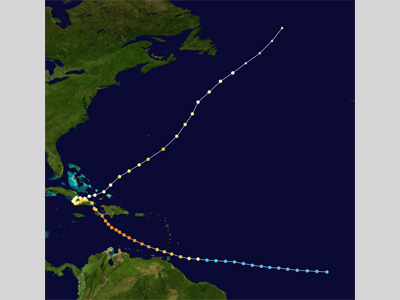 A map with the track of Hurricane Flora