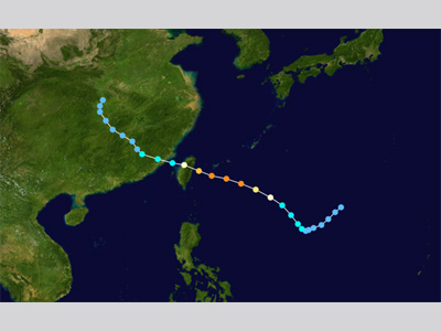 Points on a map representing the track of Typhoon Nina