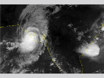 A black and white image of the tropical cyclone