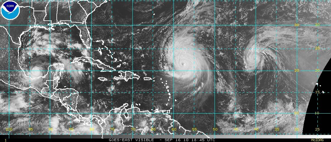 Satellite image of hurricanes Karl, Igor, and Julia, September 2010.