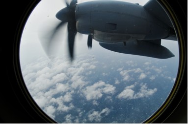 Photo taken from a hurricane hunter aircraft inside the eye of Hurricane Ike (2008).