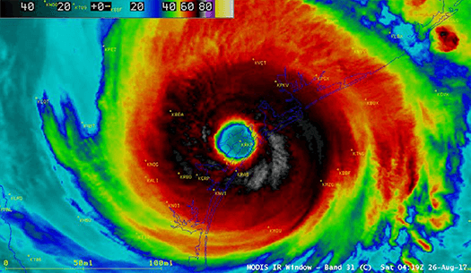 Infrared satellite image of Hurricane Harvey showing the very well developed eye of the storm.