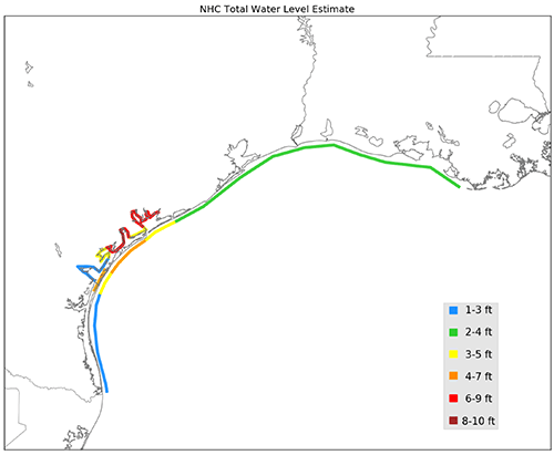 Map of Southeast US coast showing storm surge inundation levels from Hurricane Harvey with higher levels near landfall in Texas.