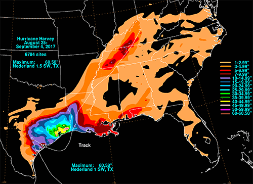 Map showing the total rainfall during Harvey over the Southeastern US.