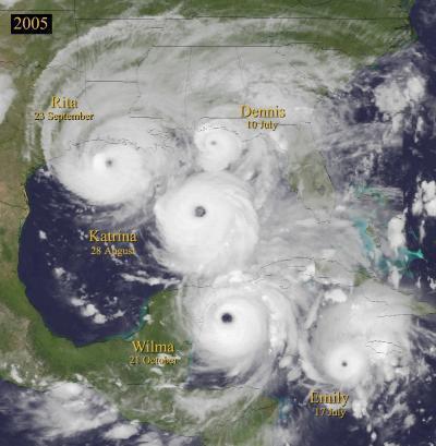 Composite satellite image of hurricanes Dennis, Emily, Katrina, Rita and Wilma.