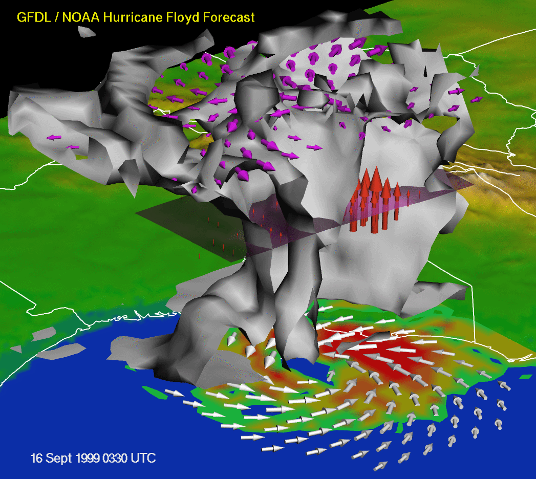 Three-dimensional view of Hurricane Floyd as it approached landfall at Cape Fear on September 16, 1999.