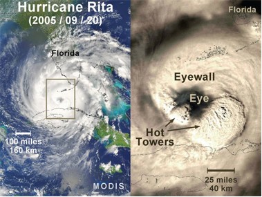 Satellite view (MODIS) and detailed imagery of Hurricane Rita as she intensified on September 20, 2005.