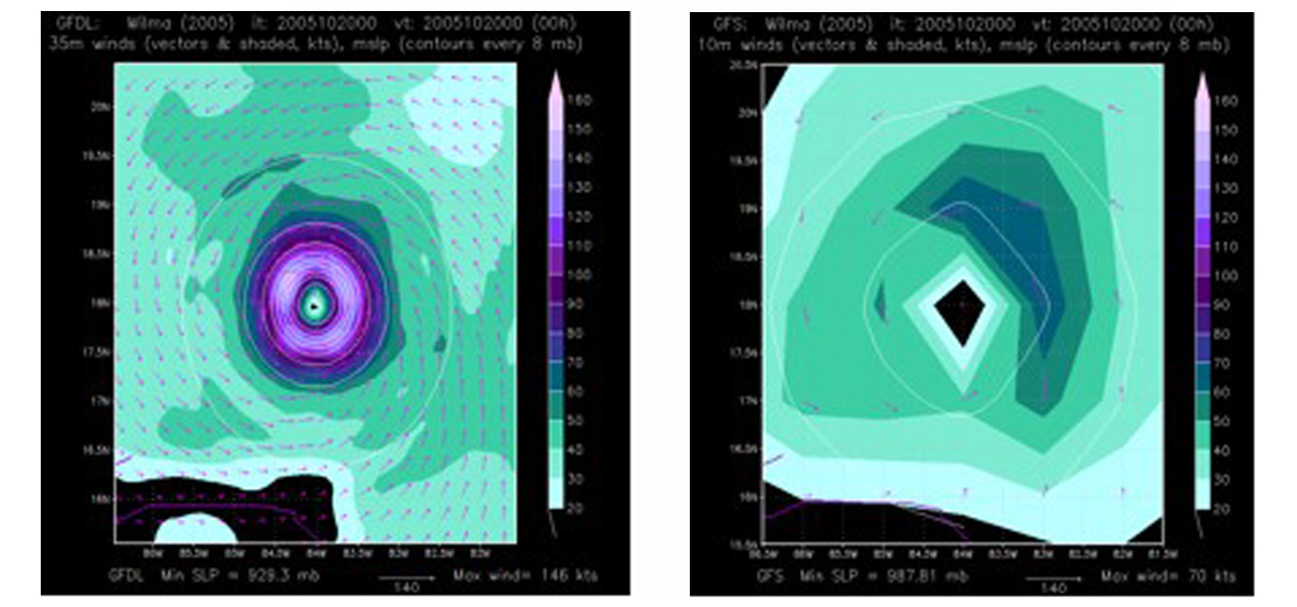Hurricane forecast model images showing a horizontal map of wind speed, wind direction, and atmospheric pressure close to the sea surface in Hurricane Wilma (2005).