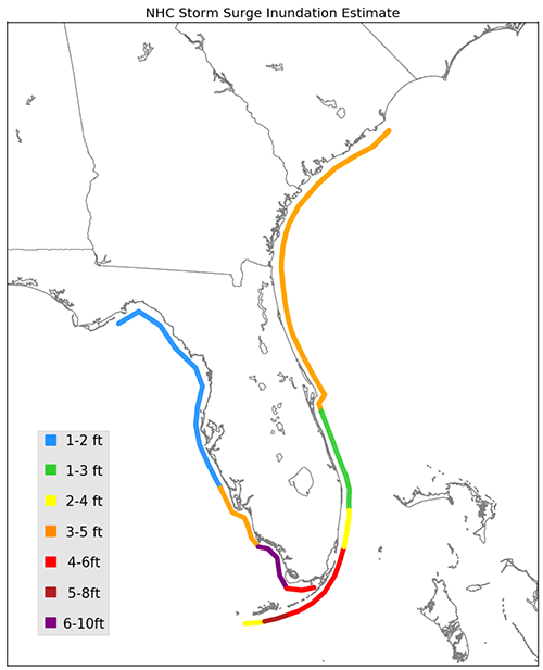 Map showing storm surge at the coast from Irma.