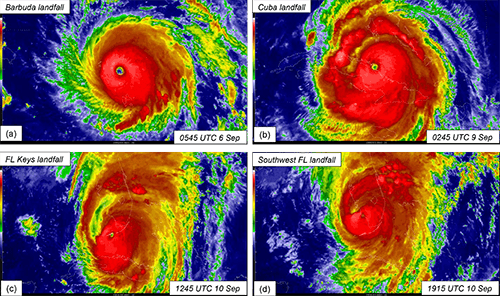 Square of four satellite images showing Hurricane Irma at landfall in different places.
