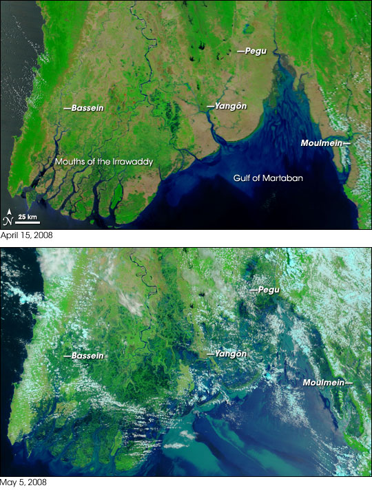 Satellite view of Burma (Myanmar) before and after flooding from Cyclone Nargis.