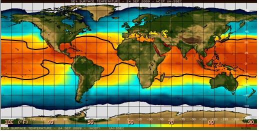Map showing the sea surface temperature (SST) for the global ocean on September 24, 2009.