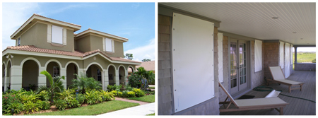 (left) Permanent, PVC-based, pull-down shutters are installed on the top windows of this house.  (right) This home shows partial deployment of the flexible, PVC-based panel hurricane shutter.