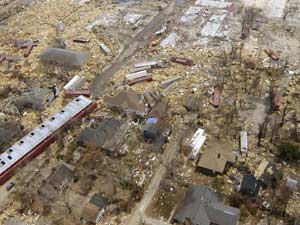 Photo of debris and house foundations in Biloxi Mississippi following Katrina.