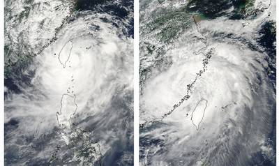 Satellite images showing Typhoon Morakot decreased in strength after passing over the mountains of Taiwan.