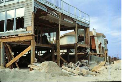 Wind damage to a building.