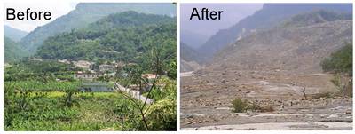 Photo shows vegetation and houses gone.