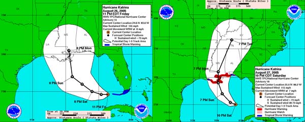 Two NHC forecast graphics showing the forecast track toward the Louisiana Mississippi border from 11pm Friday August 26 and 10pm Saturday August 27.