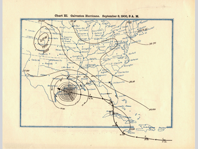 Old map with a track of the hurricane.