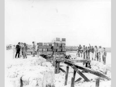 Men standing near 20 or more stacked boxes, which happen to be coffins