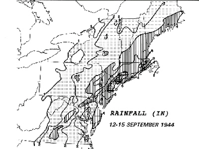 A black and white map with some areas shaded dark to depict rainfall