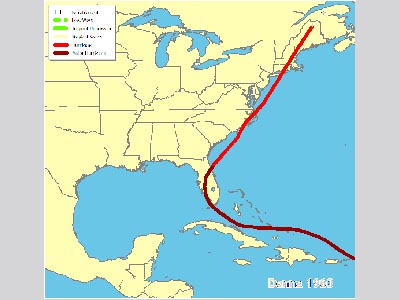 Points on a map representing the track of Hurricane Donna