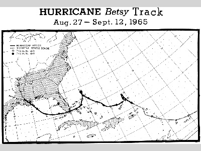 Points on a map representing the track of Hurricane Betsy