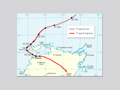 Points on a map representing the track of Cyclone Tracy