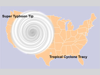 A cyclone covering the western half of the United Stats for size comparison of Typhoon Tip