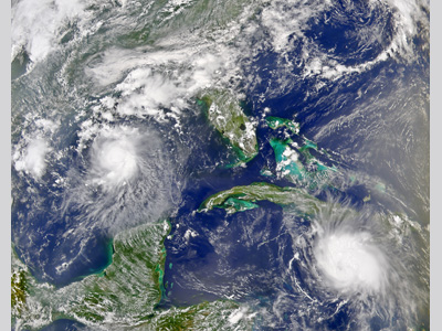 Image of the Carribean and the Gulf of Mexico with two hurricane formations