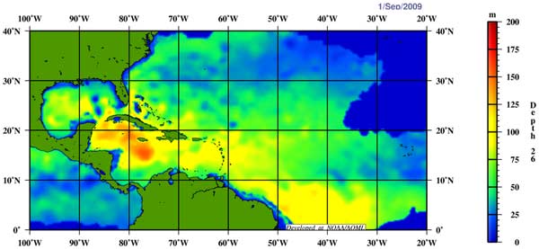 Image show that the depth to the 26°C isotherm (about 80°F) is deeper in the Caribbean Sea than the Gulf of Mexico.