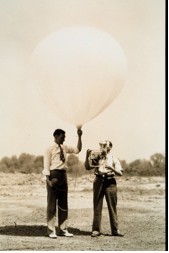 Early launch (May 1936) of a radiosonde developed by the U.S. Bureau of Standards Launch Preparations at the Washington Airport blimp hangar.