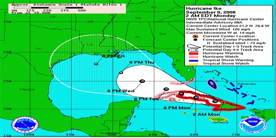 Tropical Cyclone Track Forecast Cone and Watch/Warning Graphic for Hurricane Ike (2008).