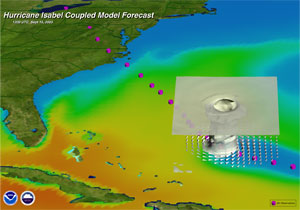 Three-dimensional view of Hurricane Isabel (2005) approaching the East Coast of the United States.