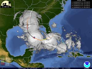 Composite image of Katrina's track and satellite images.