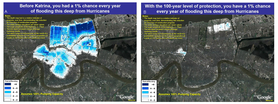 Flood risk maps for New Orleans Main produced by the IPET (2009) study.