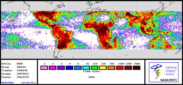 Map showing total lightning flashes in 2009.