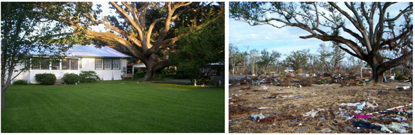 A Mississippi house before and after Hurricane Katrina.