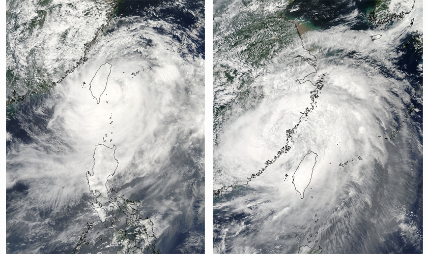 MODIS satellite imagery of Typhoon Morakot before and after it moved over the high mountainous terrain of Taiwan.