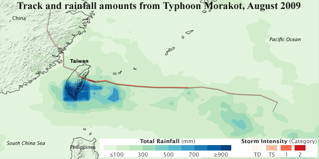 Track and total rain amount from Typhoon Morakot.