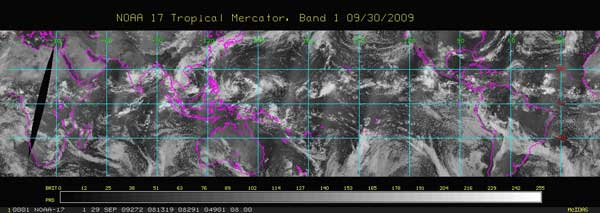 Image of visible data from NOAA low Earth orbiting satellites showing clouds.