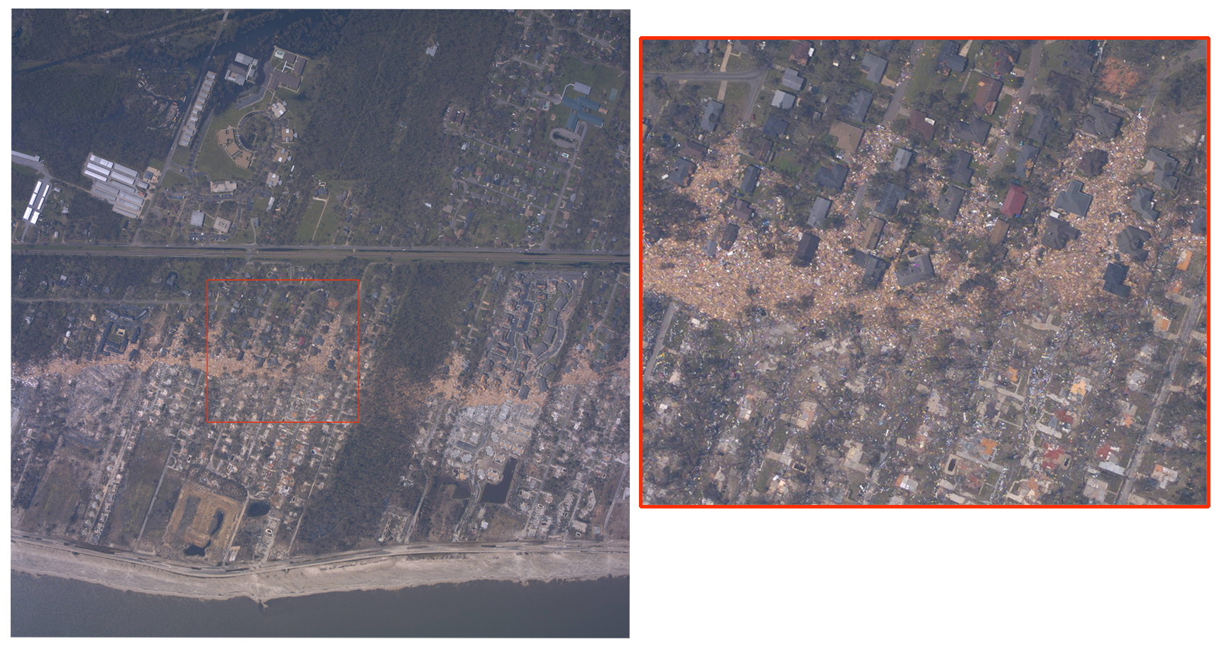 Aerial photo of the Mississippi coastline after Hurricane Katrina (2005).  The area was heavily damaged by storm surge.