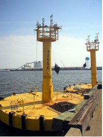 NOAA’s new hurricane buoys on dock, waiting to be deployed from Gulfport, Mississippi.
