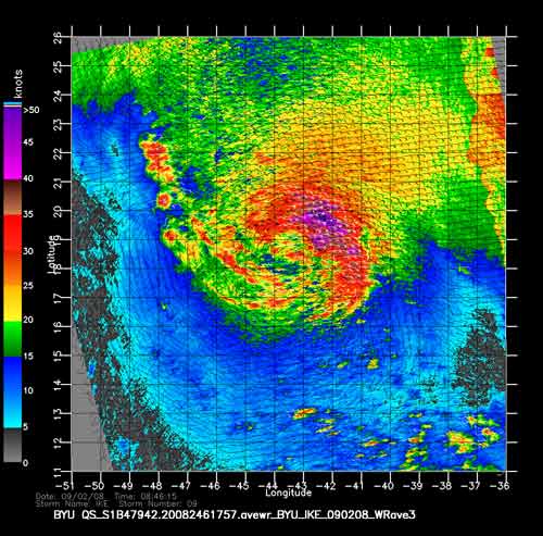 Image of winds for Hurricane Ike.  Colors show the wind intensity and barbs show the wind direction.