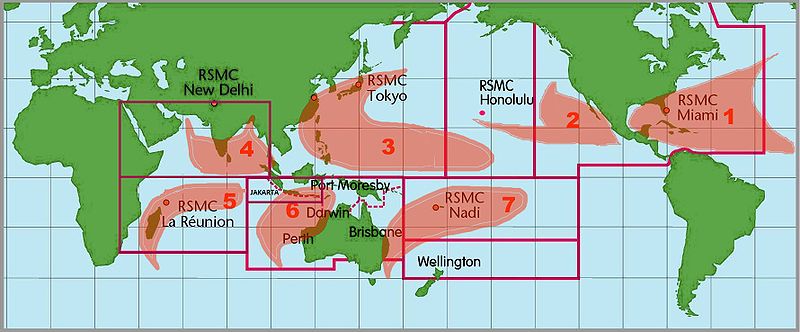 Locations of the RSMCs and TCWCs and their ocean basins of forecast responsibility.