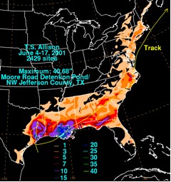 Overall storm total map for the United States showing Tropical Storm Allison's swath of rainfall.